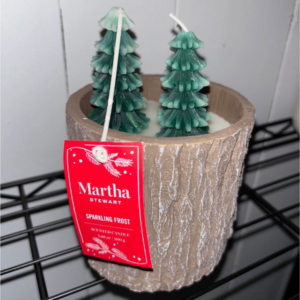 Martha Stewart Sparkling Frost Candle with Green Tree Accents